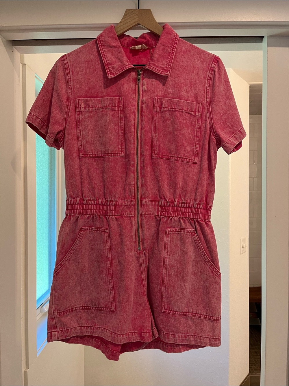 Women’s Elan Washed Pink Short-Sleeve Zip Front Denim Romper